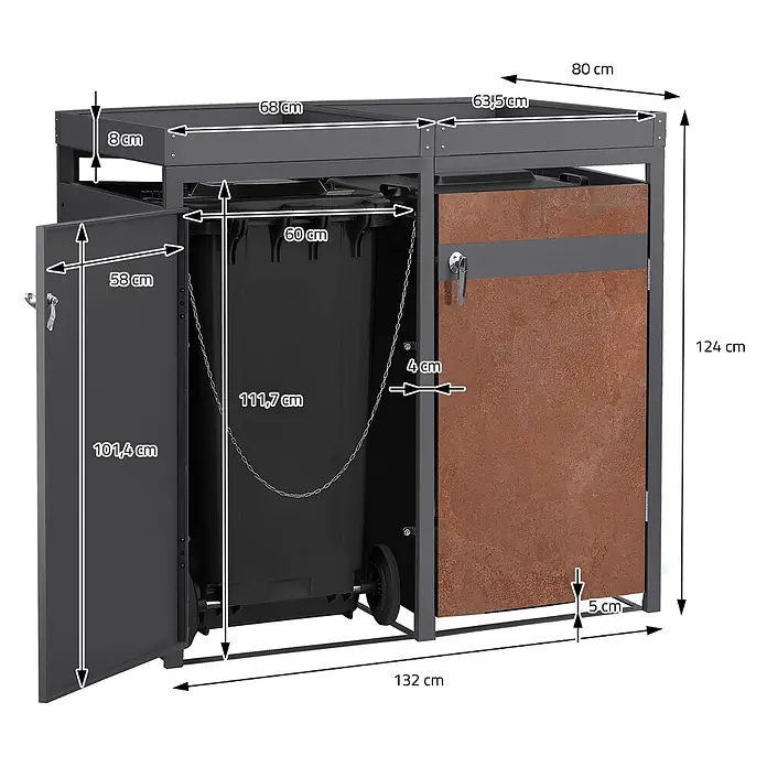ML-Design Mülltonnenbox Mülltonnenbox 3er 240L 200x80x124cm Rostoptik Pflanzdach - Stahl, Anthrazit, Rot-Braun, Geeignet für Anzahl Mülltonnen: 3 Stk.