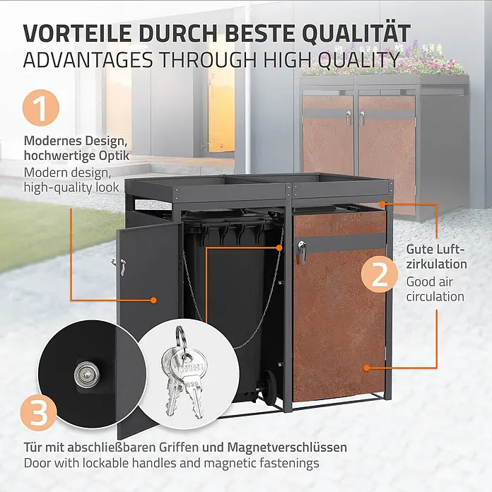 ML-Design Mülltonnenbox Mülltonnenbox 3er 240L 200x80x124cm Rostoptik Pflanzdach - Stahl, Anthrazit, Rot-Braun, Geeignet für Anzahl Mülltonnen: 3 Stk.