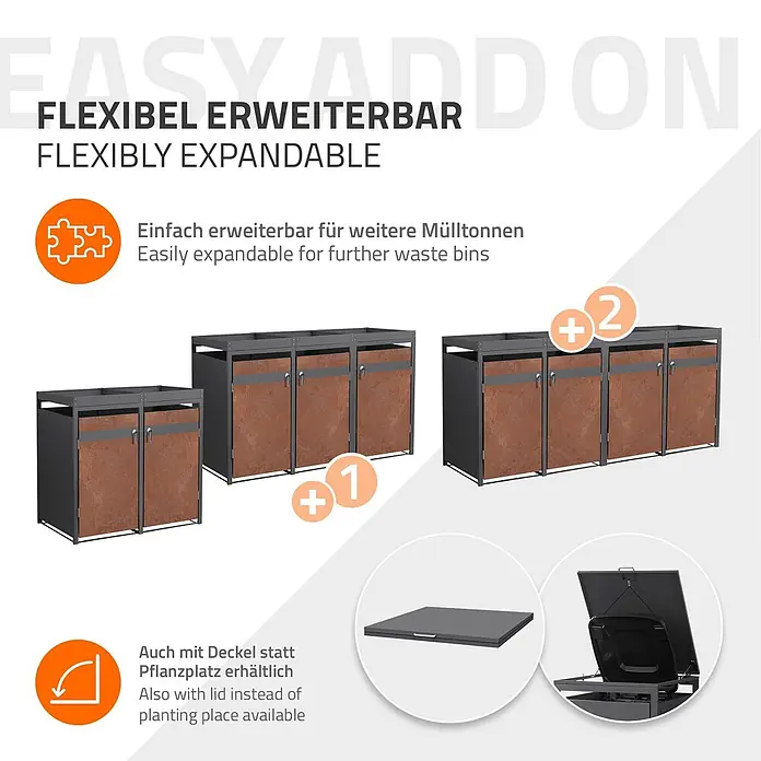 ML-Design Mülltonnenbox Mülltonnenbox 2er 240L 132x80x124cm Rostoptik mit Pflanzdach - Stahl, Anthrazit, Rot-Braun, Geeignet für Anzahl Mülltonnen: 2 Stk.