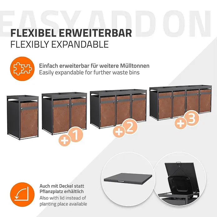 ML-Design Mülltonnenbox Mülltonnenbox 3er 240L 200x80x124cm Rostoptik Pflanzdach - Stahl, Anthrazit, Rot-Braun, Geeignet für Anzahl Mülltonnen: 3 Stk.