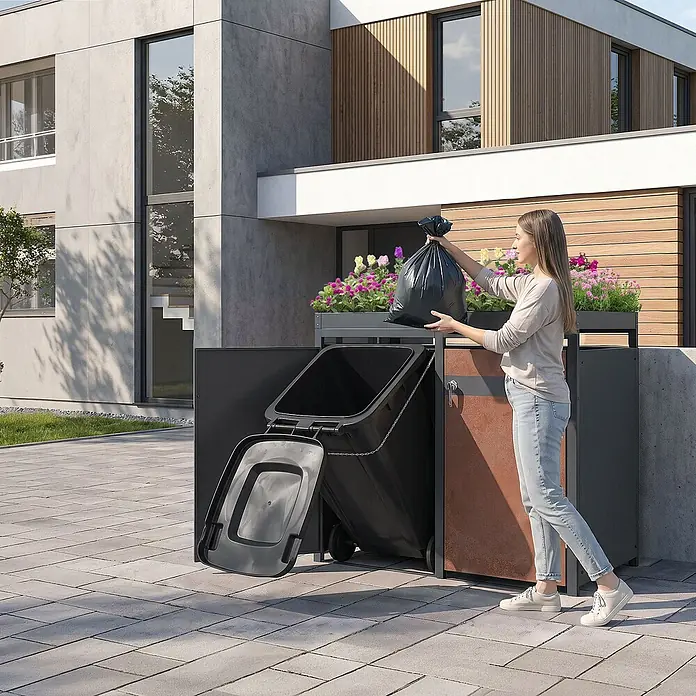 ML-Design Mülltonnenbox Mülltonnenbox 2er 240L 132x80x124cm Rostoptik mit Pflanzdach - Stahl, Anthrazit, Rot-Braun, Geeignet für Anzahl Mülltonnen: 2 Stk.