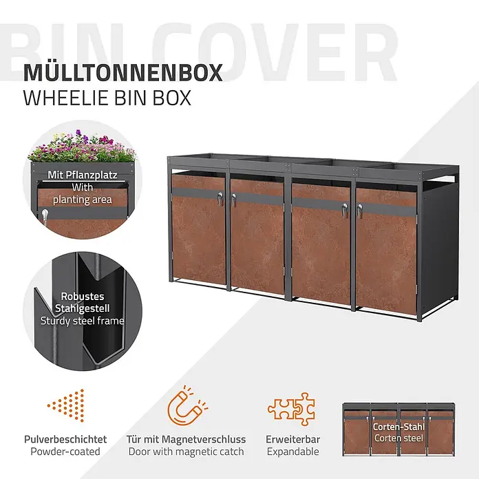 ML-Design Mülltonnenbox Mülltonnenbox 4er 240L 264x80x124cm Rostoptik Pflanzdach - Stahl, Anthrazit, Rot-Braun, Geeignet für Anzahl Mülltonnen: 4 Stk.