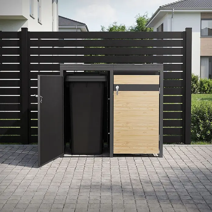 ML-Design Mülltonnenbox 2er 240L mit Klappdeckel abschließbar 132x80x120 cm Anthrazit-Lärchenoptik - Stahl, Anthrazit, Hellbraun, Geeignet für Anzahl Mülltonnen: 2 Stk.