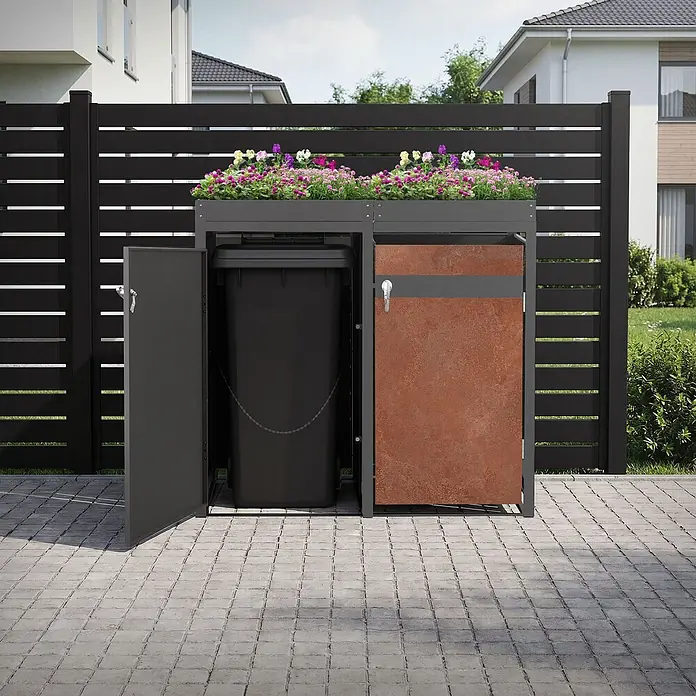 ML-Design Mülltonnenbox Mülltonnenbox 2er 240L 132x80x124cm Rostoptik mit Pflanzdach - Stahl, Anthrazit, Rot-Braun, Geeignet für Anzahl Mülltonnen: 2 Stk.