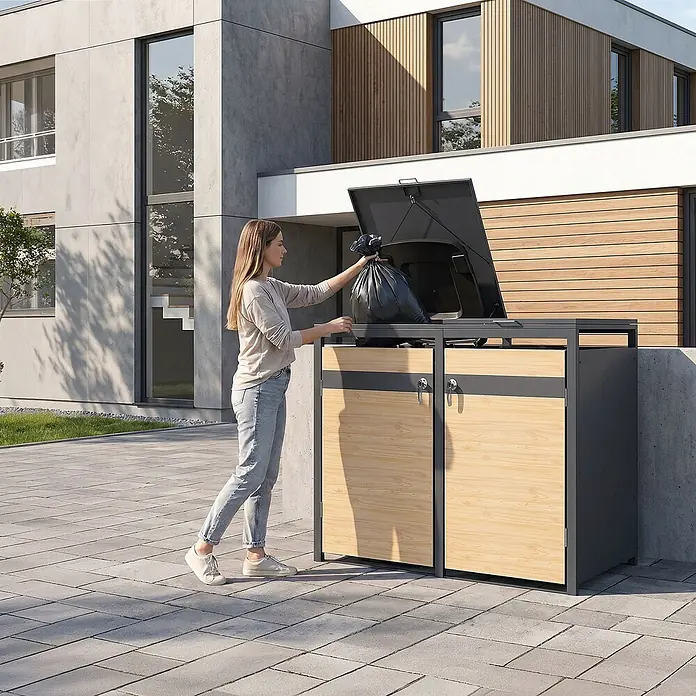 ML-Design Mülltonnenbox 2er 240L mit Klappdeckel abschließbar 132x80x120 cm Anthrazit-Lärchenoptik - Stahl, Anthrazit, Hellbraun, Geeignet für Anzahl Mülltonnen: 2 Stk.