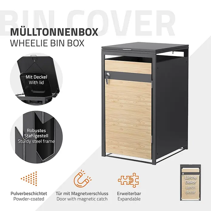 ML-Design Mülltonnenbox 1er 240L 68x80x120 cm Anthrazit-Holzoptik - Stahl, Anthrazit, Hellbraun, Geeignet für Anzahl Mülltonnen: 1 Stk.