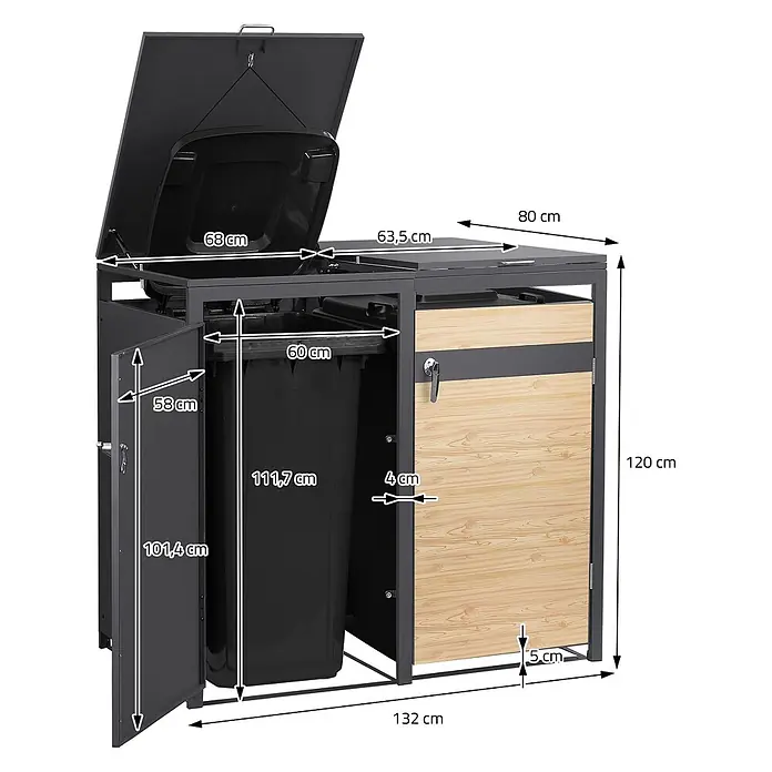 ML-Design Mülltonnenbox 2er 240L mit Klappdeckel abschließbar 132x80x120 cm Anthrazit-Lärchenoptik - Stahl, Anthrazit, Hellbraun, Geeignet für Anzahl Mülltonnen: 2 Stk.