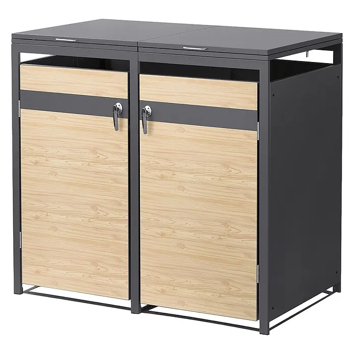 ML-Design Mülltonnenbox 2er 240L mit Klappdeckel abschließbar 132x80x120 cm Anthrazit-Lärchenoptik - Stahl, Anthrazit, Hellbraun, Geeignet für Anzahl Mülltonnen: 2 Stk.