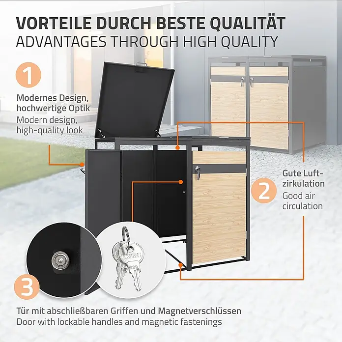 ML-Design Mülltonnenbox Mülltonnenbox 3er 240L 200x80x120cm Holzoptik mit Deckel - Stahl, Anthrazit, Lärchenoptik, Geeignet für Anzahl Mülltonnen: 3 Stk.