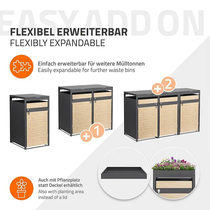ML-Design Mülltonnenbox 1er 240L 68x80x120 cm Anthrazit-Holzoptik - Stahl, Anthrazit, Hellbraun, Geeignet für Anzahl Mülltonnen: 1 Stk.