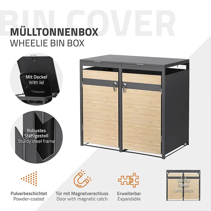 ML-Design Mülltonnenbox 2er 240L mit Klappdeckel abschließbar 132x80x120 cm Anthrazit-Lärchenoptik - Stahl, Anthrazit, Hellbraun, Geeignet für Anzahl Mülltonnen: 2 Stk.