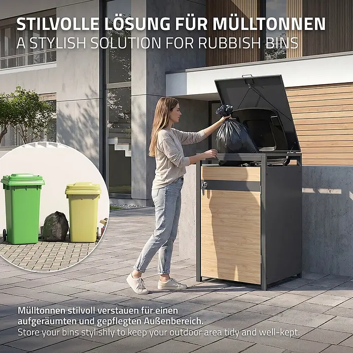ML-Design Mülltonnenbox 1er 240L 68x80x120 cm Anthrazit-Holzoptik - Stahl, Anthrazit, Hellbraun, Geeignet für Anzahl Mülltonnen: 1 Stk.