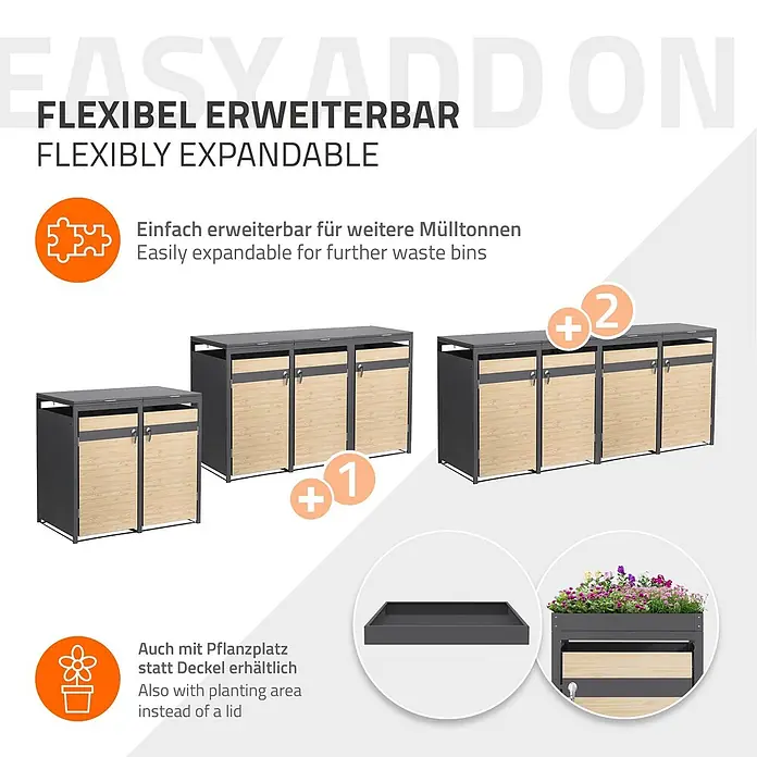 ML-Design Mülltonnenbox 2er 240L mit Klappdeckel abschließbar 132x80x120 cm Anthrazit-Lärchenoptik - Stahl, Anthrazit, Hellbraun, Geeignet für Anzahl Mülltonnen: 2 Stk.