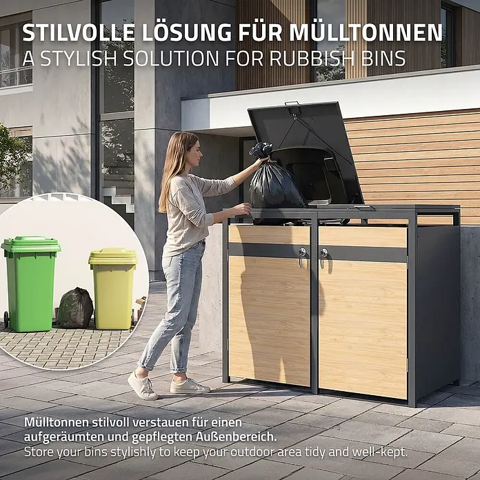 ML-Design Mülltonnenbox 2er 240L mit Klappdeckel abschließbar 132x80x120 cm Anthrazit-Lärchenoptik - Stahl, Anthrazit, Hellbraun, Geeignet für Anzahl Mülltonnen: 2 Stk.