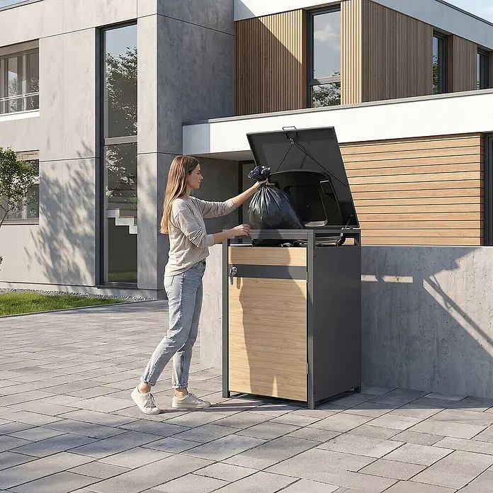 ML-Design Mülltonnenbox 1er 240L 68x80x120 cm Anthrazit-Holzoptik - Stahl, Anthrazit, Hellbraun, Geeignet für Anzahl Mülltonnen: 1 Stk.