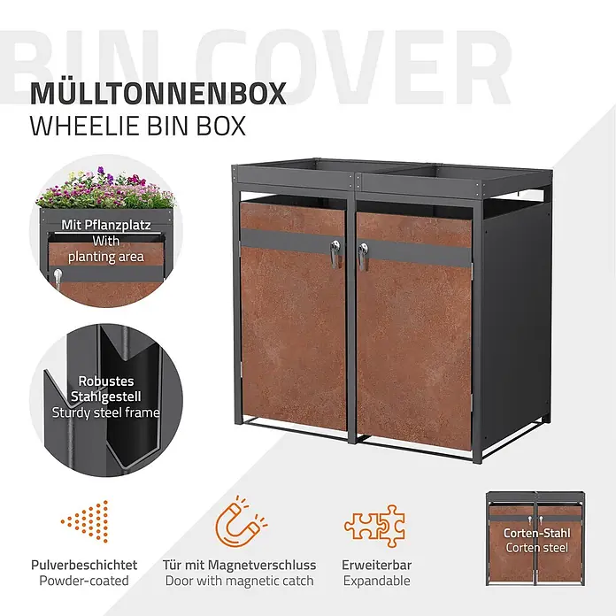 ML-Design Mülltonnenbox Mülltonnenbox 2er 240L 132x80x124cm Rostoptik mit Pflanzdach - Stahl, Anthrazit, Rot-Braun, Geeignet für Anzahl Mülltonnen: 2 Stk.