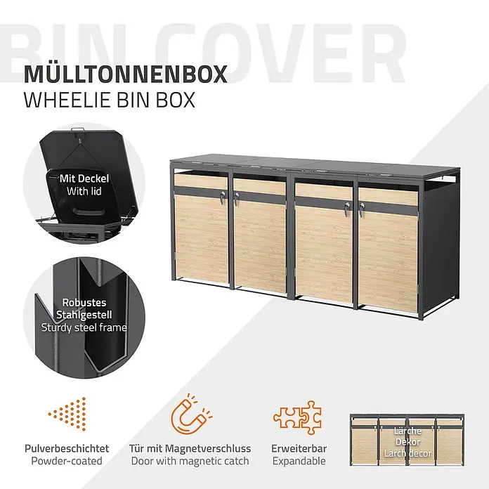 ML-Design Mülltonnenbox Mülltonnenbox 4er 240L 264x80x120cm Holzoptik abschließbar - Stahl, Anthrazit, Lärchenoptik, Geeignet für Anzahl Mülltonnen: 4 Stk.