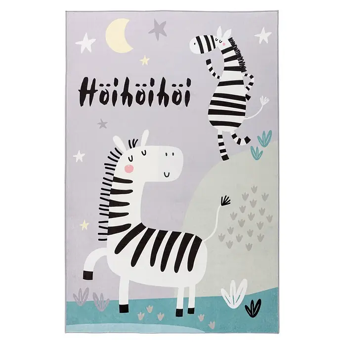 Kayoom Kinderteppich Wonder 128 - Grau, 230 x 160 cm, 100 % Polyester - Kinderdecke mit zwei verspielten Zebras, Sternen, einem Mond und dem Text "Höihöihöi".