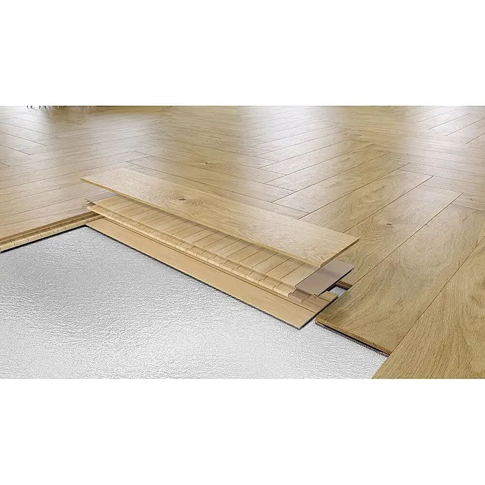 Barlinek Parkett - Esche Select, Fischgrät, 725 x 130 x 14 mm - Explosionsansicht von hellen Eichenparkettdielen, zeigt Schichten und silberne Unterlage für die Verlegung.