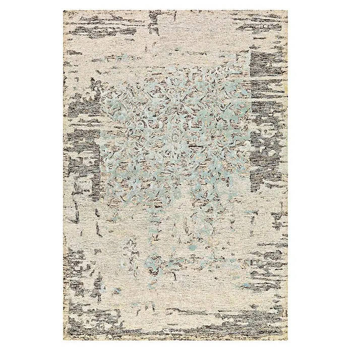 Kayoom Kurzflorteppich Damast 8067 - Grau/Mint, 180 x 120 cm, 60 % Viskose, 20 % Wolle, 20 % Polyester - Rechteckiger Teppich mit abstraktem Vintage-Muster in Creme, Dunkelgrau und hellblauen Blumenelementen.