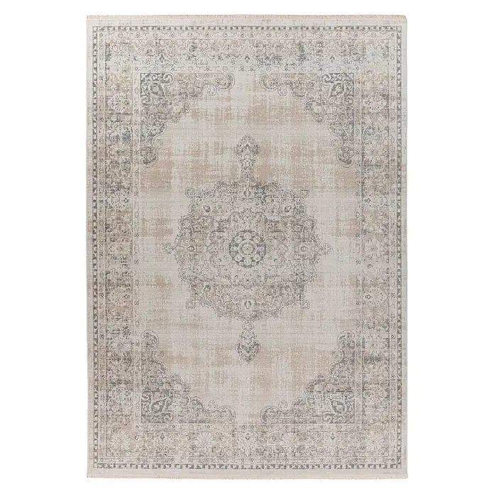 Kayoom Kurzflorteppich Milan 125 - Grau, 230 x 160 cm, 100 % Polypropylen - Traditioneller Teppich in Beige und Grau mit abgenutztem Effekt und detailreichem Medaillon- und Bordürenmuster.