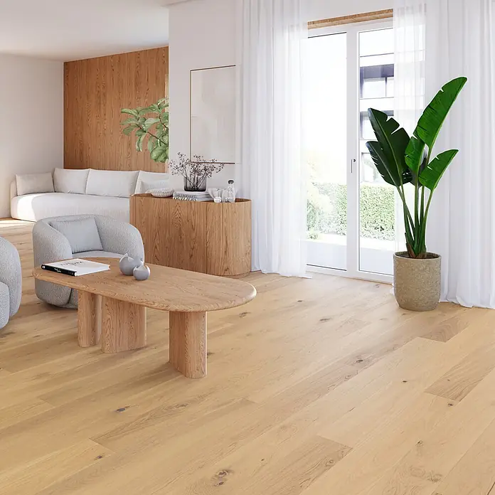 Barlinek - Eiche Creme, 2.200 x 180 x 14 mm - Heller Eichenholzboden mit sichtbaren Ästen und natürlicher Maserung in einem modernen Wohnzimmer.