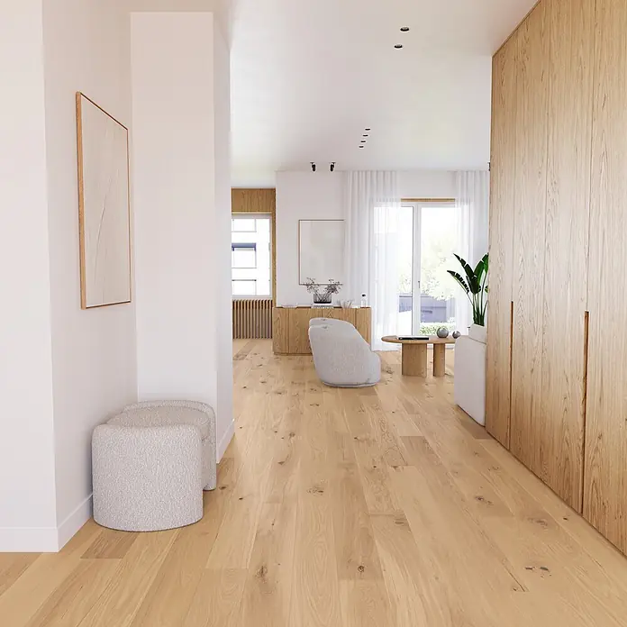 Barlinek - Eiche Creme, 2.200 x 180 x 14 mm - Helle Naturholz-Dielen mit sichtbarer Maserung und Ästen in einem modernen Interieur.