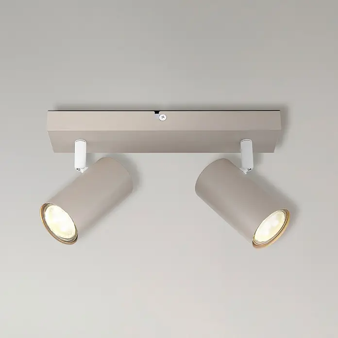 Globo Robby Deckenstrahler - B x H: 6 x 12 cm, Sandfarben, Anzahl Leuchtmittel: 2 Stk. - Zwei beigefarbene zylindrische Deckenstrahler mit weißen Halterungen, die warmes Licht abstrahlen.