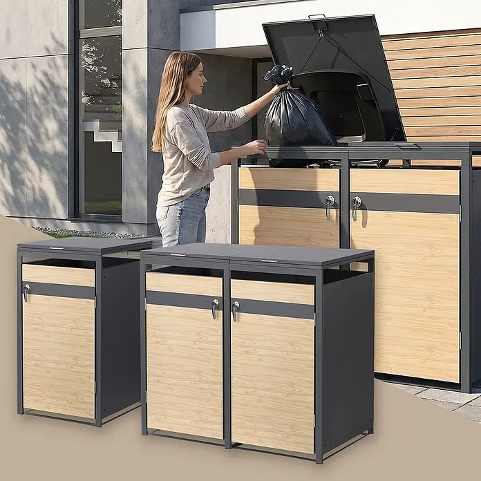 ML-Design Mülltonnenbox Mülltonnenbox 3er 240L 200x80x120cm Holzoptik mit Deckel - Stahl, Anthrazit, Lärchenoptik, Geeignet für Anzahl Mülltonnen: 3 Stk.