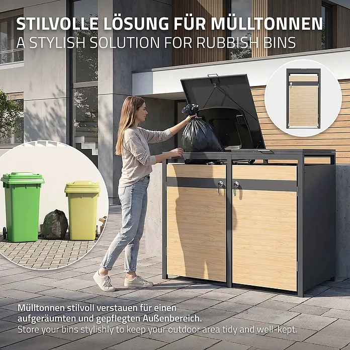 ML-Design Mülltonnenbox Mülltonnenbox 3er 240L 200x80x120cm Holzoptik mit Deckel - Stahl, Anthrazit, Lärchenoptik, Geeignet für Anzahl Mülltonnen: 3 Stk.