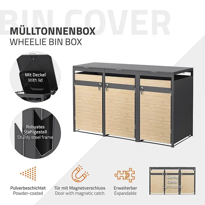 ML-Design Mülltonnenbox Mülltonnenbox 3er 240L 200x80x120cm Holzoptik mit Deckel - Stahl, Anthrazit, Lärchenoptik, Geeignet für Anzahl Mülltonnen: 3 Stk.