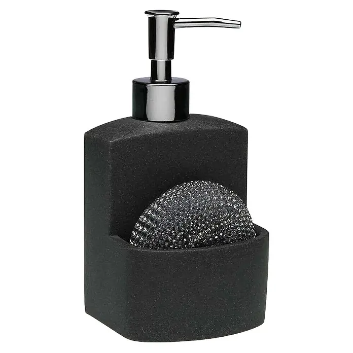 Versa Dispensador de jabón con estropajo - L x An x Al: 8,7 x 8,7 x 18 cm, Negro - Dispensador de jabón negro mate con bomba cromada y soporte integrado que contiene un estropajo metálico.