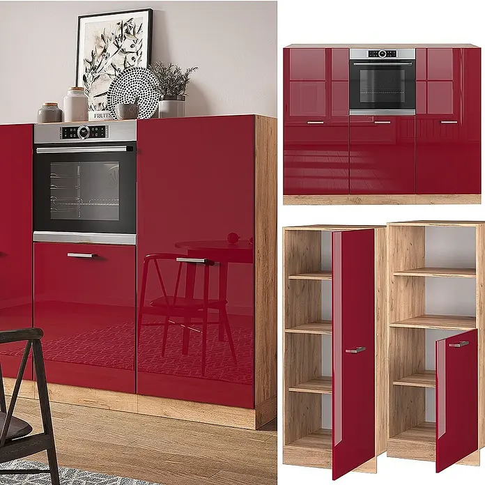 Vicco Küchenleerblock R-Line Rot Hochglanz/Goldkraft Eiche ohne Arbeitsplatte - Rot Hochglanz