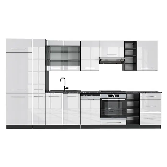 Vicco Küchenzeile Fame-Line, Weiß Hochglanz/Anthrazit, 355 cm -  - Moderne Küchenzeile mit weißen Hochglanzschränken, dunkler Arbeitsplatte, Spüle, Backofen und Geschirrspüler.