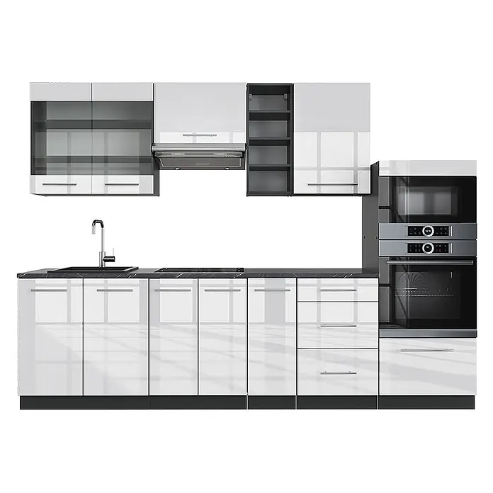 Vicco Küchenzeile Fame-Line, Weiß Hochglanz/Anthrazit, 280 cm -  - Moderne glänzend weiße Küche mit dunklen Arbeitsplatten, Spüle, Kochfeld, Backofen und Mikrowelle, inklusive Ober- und Unterschränken.