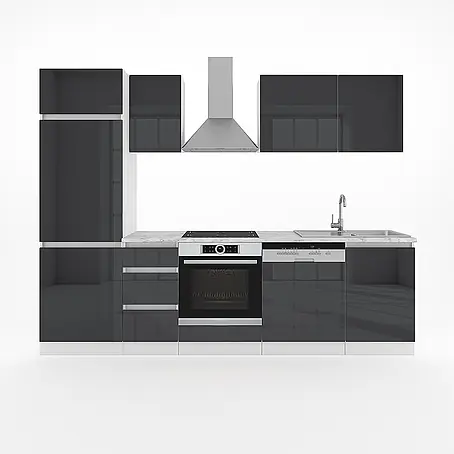 Vicco  Küchenzeile Optima Anthrazit Hochglanz ohne Arbeitsplatte grifflos mit LED-Leisten
