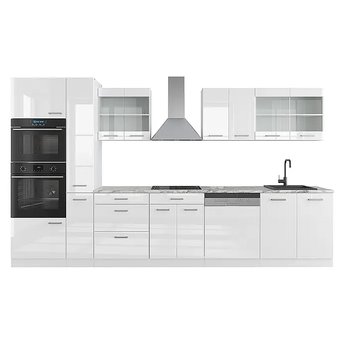 Vicco Küchenzeile R-Line Weiß Hochglanz/Weiß mit Hochschrank, AP Marmor - Weiß Hochglanz, Ohne Elektrogeräte
