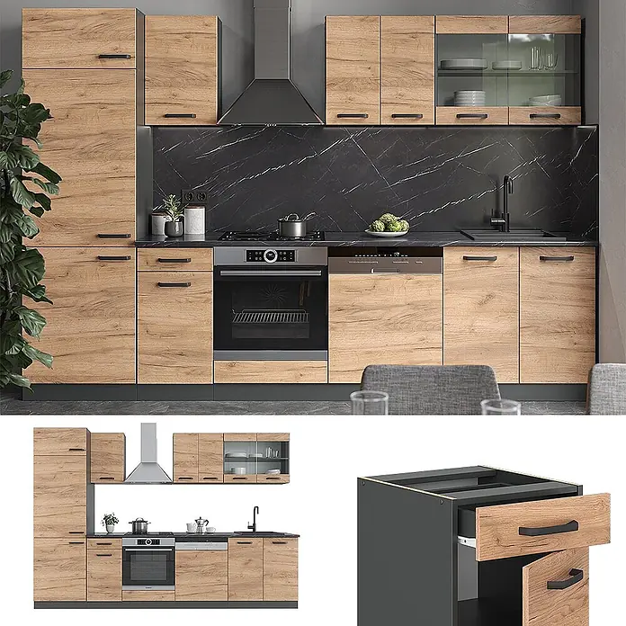 Vicco Küchenzeile R-Line, Goldkraft Eiche/Anthrazit, 300 cm -  - Moderne Küchenzeile mit hellen Holzdekor-Schränken, schwarzen Griffen und dunklen Arbeitsplatten, inkl. integriertem Backofen und Geschirrspüler.