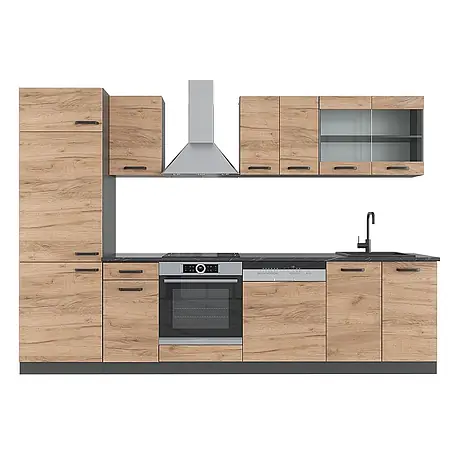 Vicco Küchenzeile R-Line, Goldkraft Eiche/Anthrazit, 300 cm