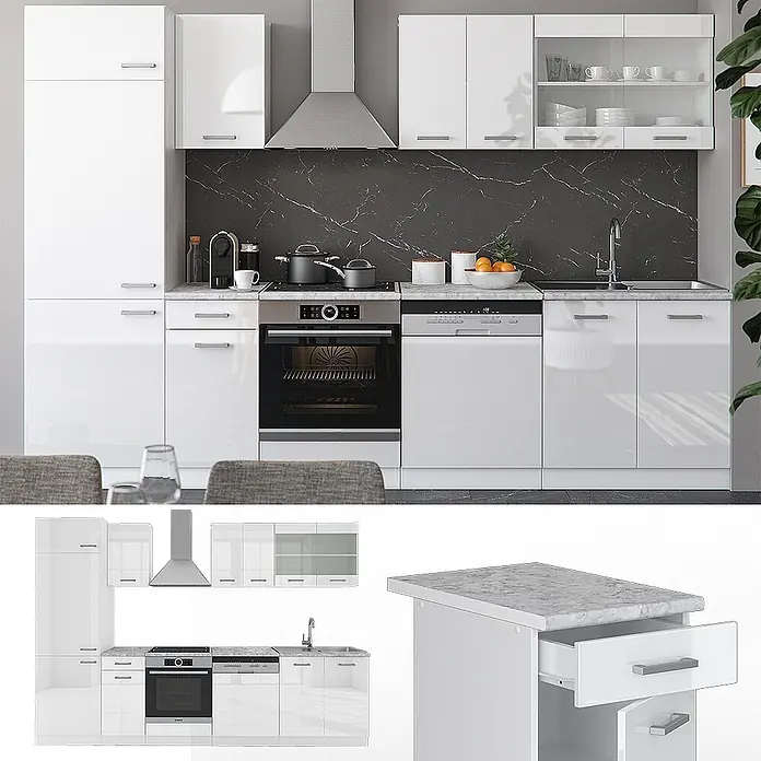 Vicco Küchenzeile R-Line Weiß Hochglanz/Weiß, AP Marmor - Weiß Hochglanz, Ohne Elektrogeräte