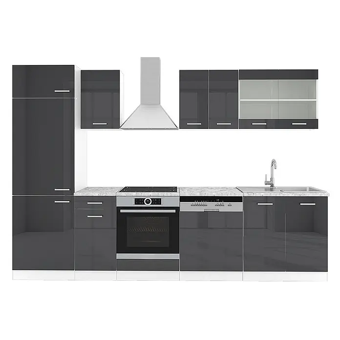 Vicco Küchenzeile R-Line, Anthrazit Hochglanz/Weiß, 300 cm -  - Moderne Küchenzeile mit hochglanzgrauen Schränken, heller Marmor-Arbeitsplatte und integrierten Edelstahlgeräten.
