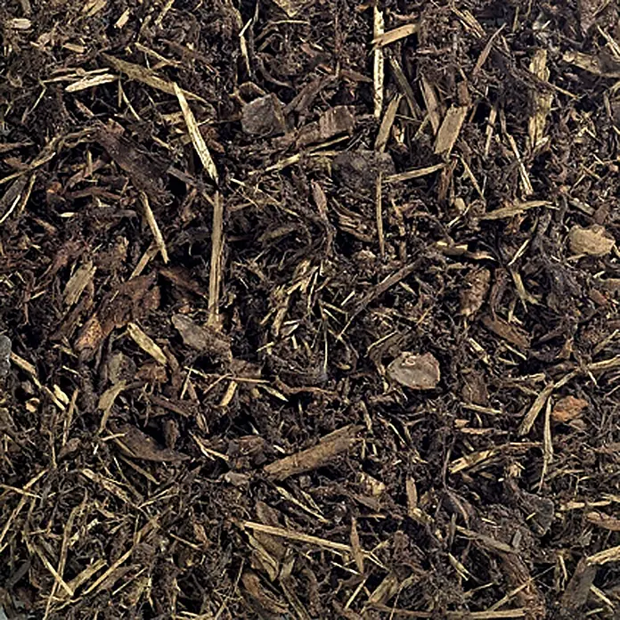 Rindenmulch60 l, 0 mm - 40 mm - Nahaufnahme von dunklem Mulch, ideal für Garten- und Landschaftsbau, bietet Bodenabdeckung und Feuchtigkeitsspeicherung.