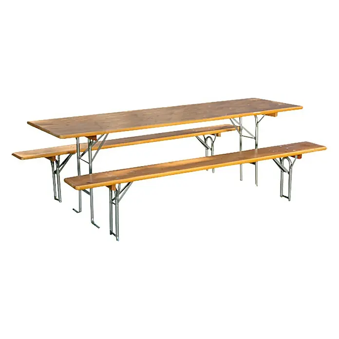 Sunfun Bierzeltgarnitur - Tisch (L x B x H): 220 x 70 x 77 cm, Bank (B x T x H): 220 x 25 x 49 cm, Naturbraun/Silber, Ohne Rückenlehne - Ein Festzeltgarnitur mit einem langen Tisch und zwei Bänken, ideal für Feste und Veranstaltungen im Freien. Die Bierbankgarnitur ist klappbar und einfach zu verstauen.