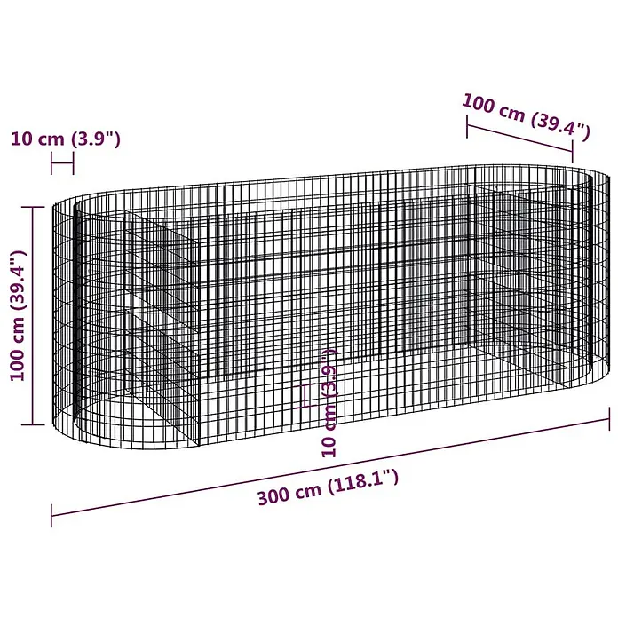 Furnicato Gabionen-Hochbeet verzinktes Eisen - 300 x 100 x 100 cm, Metall, Fassungsvermögen Erde: 3.000 g