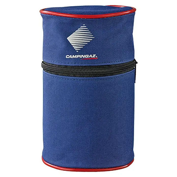 Campingaz Lámpara de gas Lumostar Plus PZ - Ø x Al: 17 x 10 cm - Nevera portátil Campingaz azul con borde rojo en la parte superior e inferior, con una cremallera en el medio y el logotipo de la empresa en la parte superior.