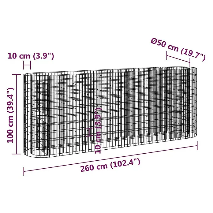 Furnicato Gabionen-Hochbeet verzinktes Eisen - 260 x 50 x 100 cm, Metall, Fassungsvermögen Erde: 1.300 g