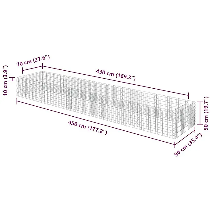 Furnicato Gabionen-Hochbeet verzinkter Stahl - 450 x 90 x 50 cm, Stahl, Fassungsvermögen Erde: 1.505 g