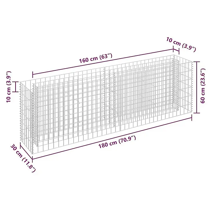 Furnicato Gabionen-Hochbeet Verzinkter Stahl - 180 x 30 x 60 cm, Stahl, Fassungsvermögen Erde: 96 g