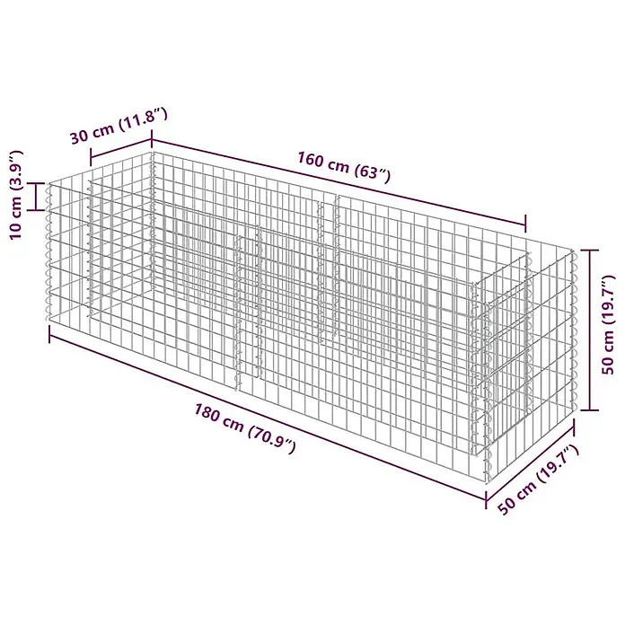 Furnicato Gabionen-Hochbeet verzinkter Stahl - 180 x 50 x 50 cm, Stahl, Fassungsvermögen Erde: 240 g