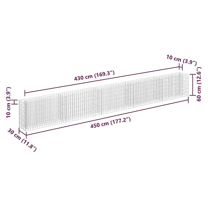 Furnicato Gabionen-Hochbeet verzinkter Stahl - 450 x 30 x 60 cm, Stahl, Fassungsvermögen Erde: 258 g